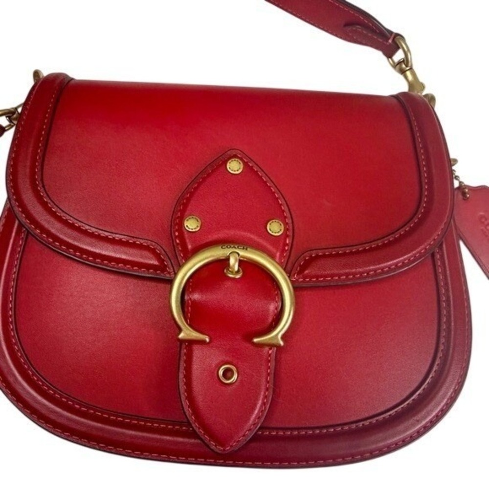 Coach Beat Saddle Bag Red Glovetanned Leather Crossbody C3738 Blue Strap - Picture 3 of 12